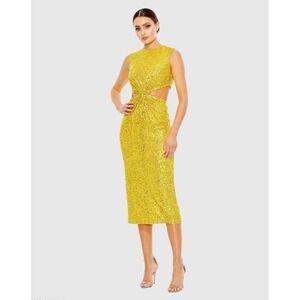 Ieena for Mac Duggal Yellow Sequin Front Twist Cut Out Sheath Dress Sz‎ 4 $398